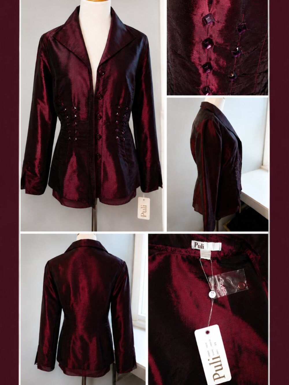 NWT Puli Burgundy Taffeta Beaded Jacket | Mother of the Bride | Evening | Formal